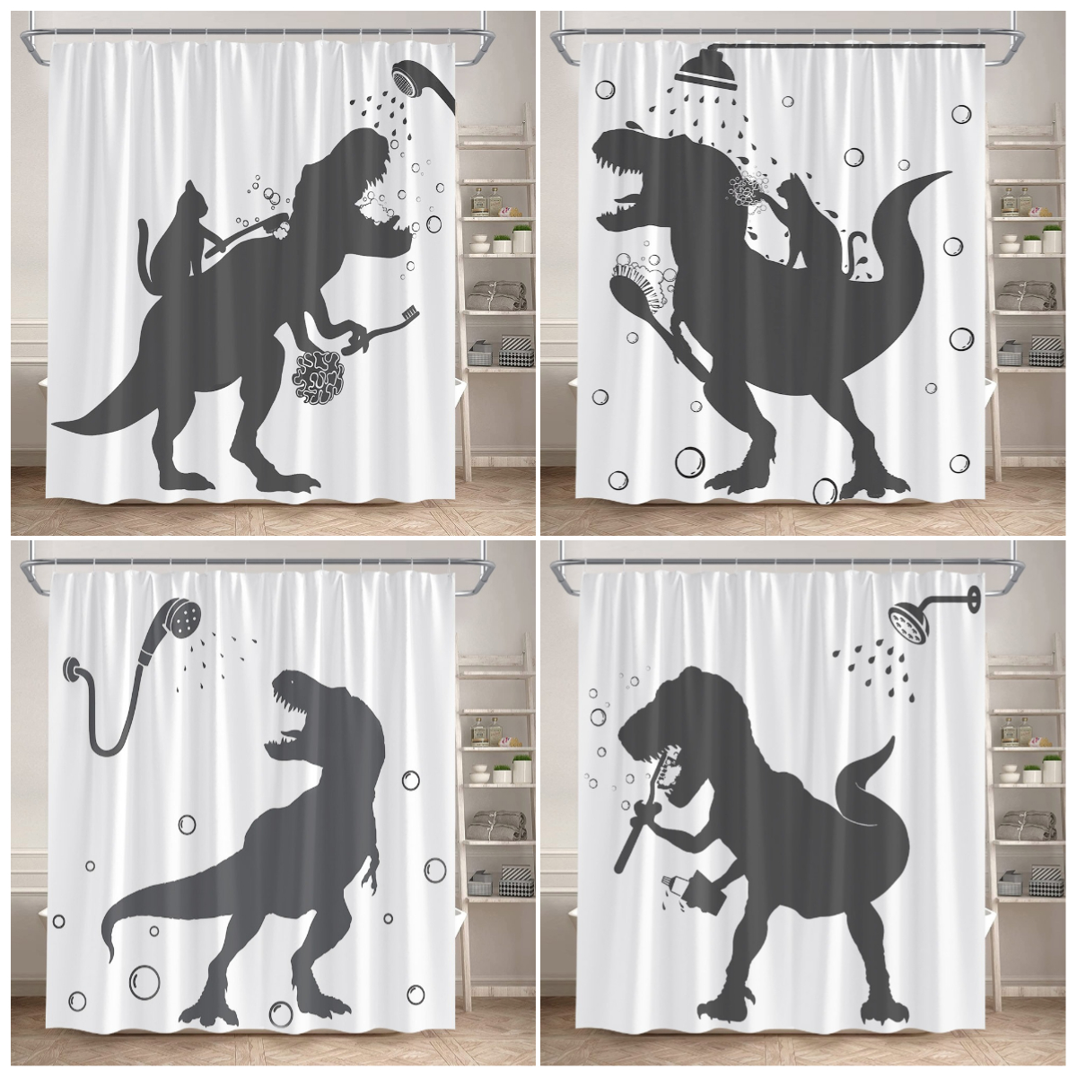 Shower Curtain Liner - Funny Bathing Dinosaur Shower Curtains Black