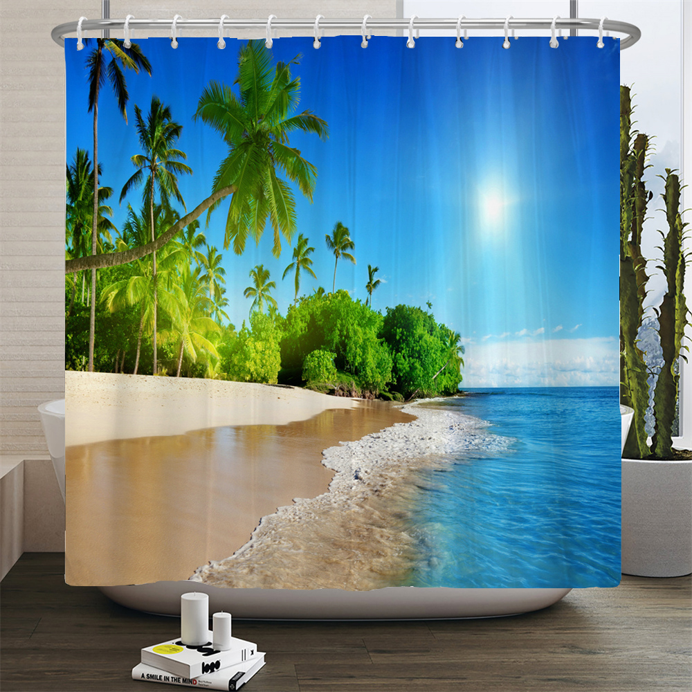 3d Beach Scenery Shower Curtai - Shower Curtain Liner บทวิจารณ์และราคา